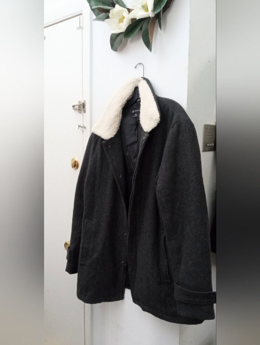INC International Concepts Charcoal Wool Pea Coat with Cream Shearling Collar
